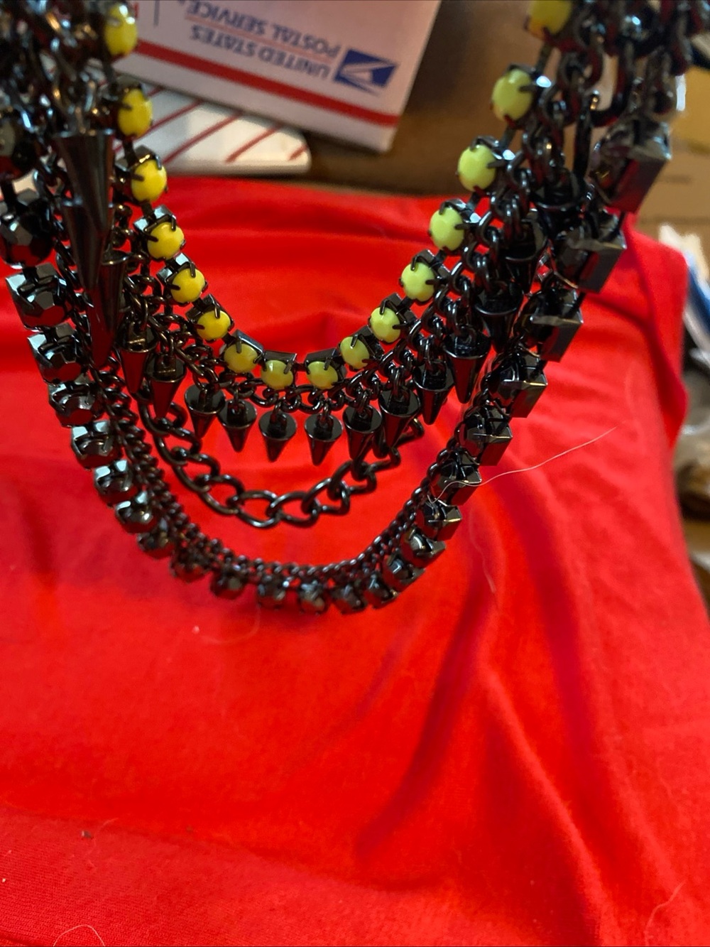 Black Multi-Chain Necklace with Yellow Beads